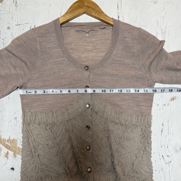 KNITTED & KNOTTED Anthropologie S Beige Wool Cardigan Sweater Cat Eye Ruffles - Picture 11 of 13